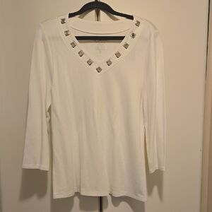 Chico's White Top with Embellished V-Neck